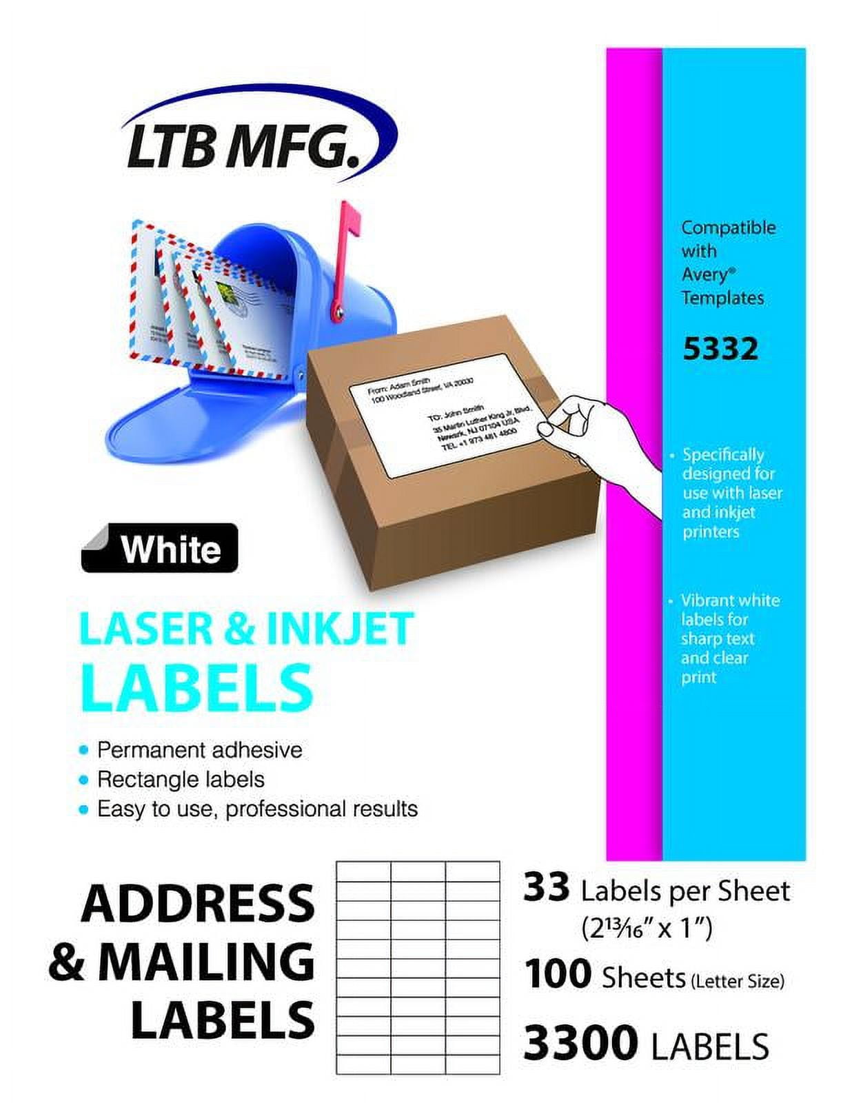 LTB MFG Laser Inkjet Printer Shipping Labels, 100 Labels, 100 White