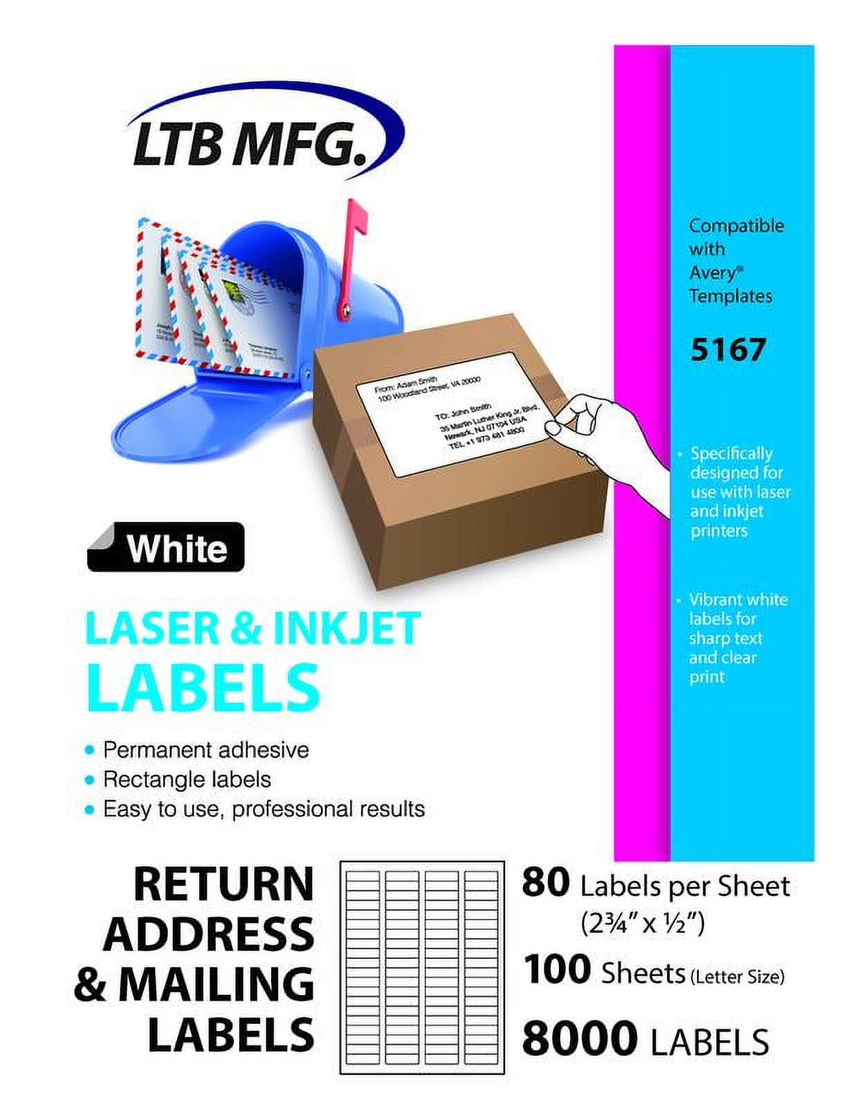 LTB MFG Laser Inkjet Printer Shipping Labels, 100 Labels, 100 White