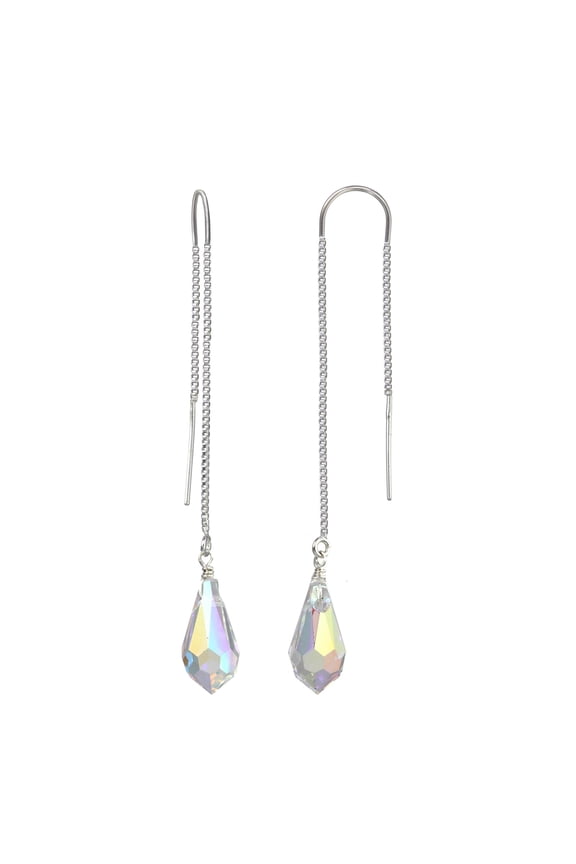 Sterling Silver Box Chain Threader Earrings with Austrian Crystal Aurora Borealis for Adults