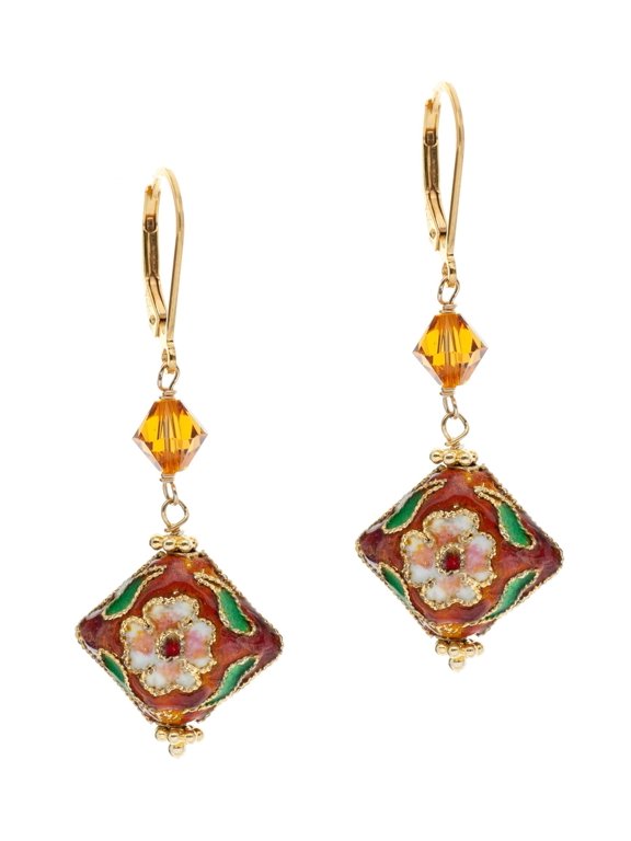 LTC Design Cloisonné Enameled Drop Earrings Accented with Faceted Austrian Crystal Beads
