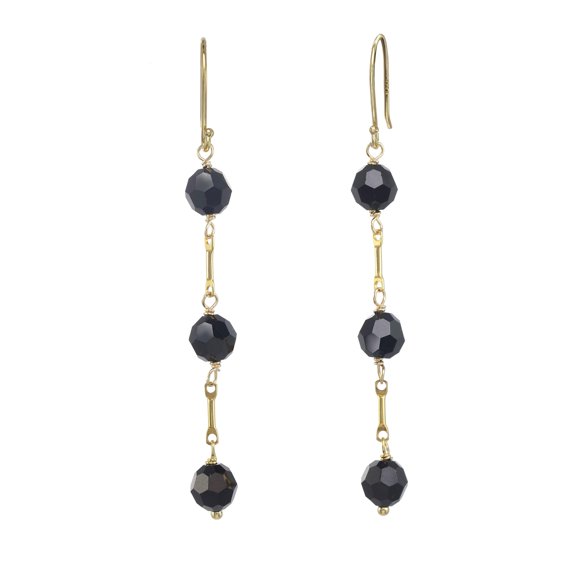 LTC Designs 14K Gold Plated Sterling Silver Linear Drop Earrings with Jet-Color Crystal Beads for Women, and Men