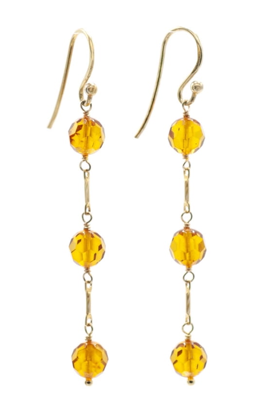 14k Gold Filled Triple Linear Drop Earrings made with Faceted Amber Beads for Women Men and Friends