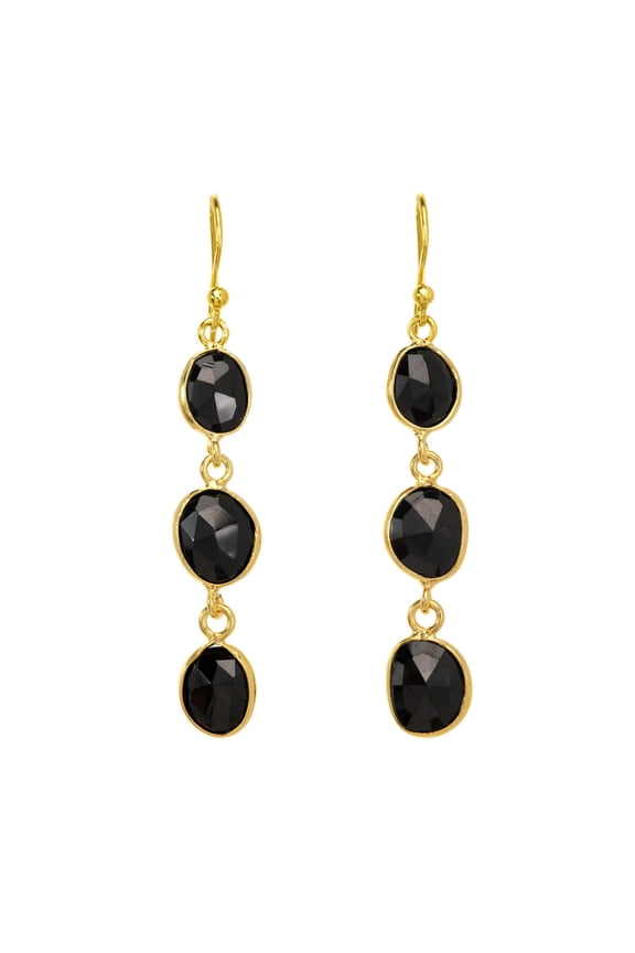 14k Gold Plated Sterling Silver Linear Triple Drop Earrings with Black Onyx Bezels For Women and Men