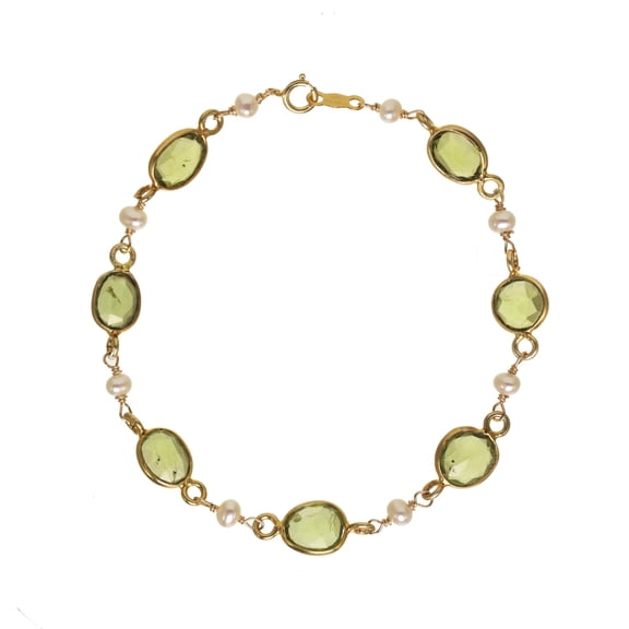 LTC Designs Bezel Set Peridot Bracelet with White Freshwater Potato Pearl Accents, 7.5" for Adults