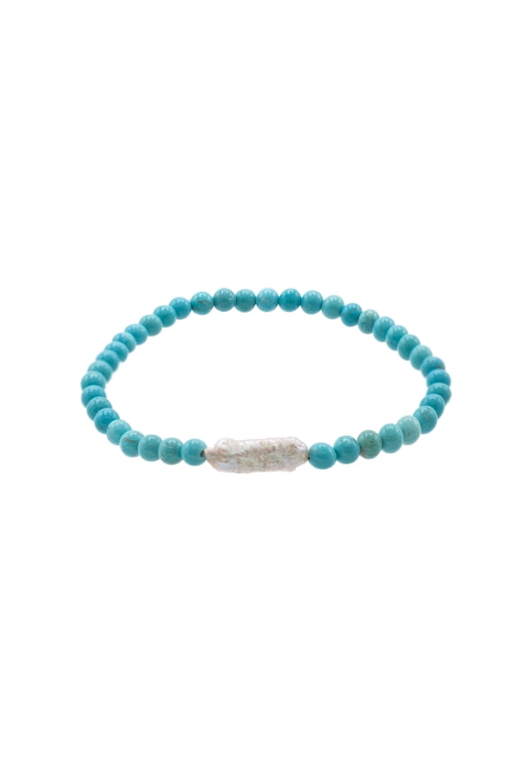 4mm Dyed-Turquoise Howlite Stretch Bracelet made with a White Cultured Freshwater Biwa Stick Pearl Centerpiece, 7" for Women, Men or Friends