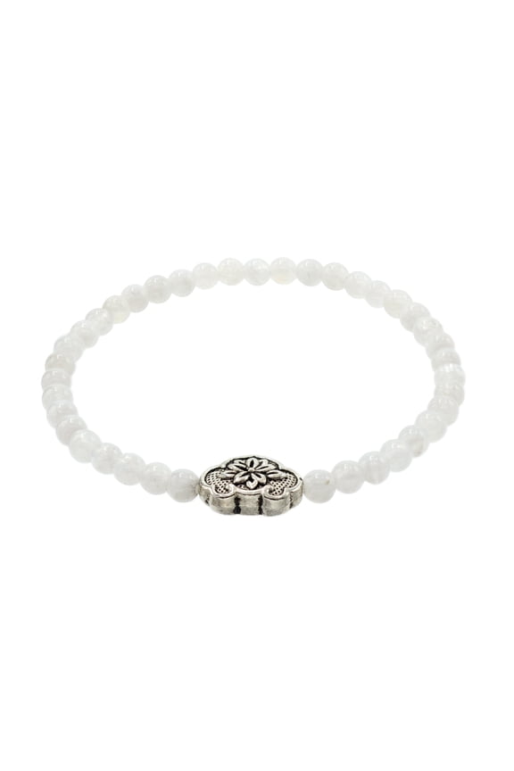 4mm Moonstone Stretch Bracelet with Silver-Plated Lucky Floral Centerpiece, 6.5", for Adults