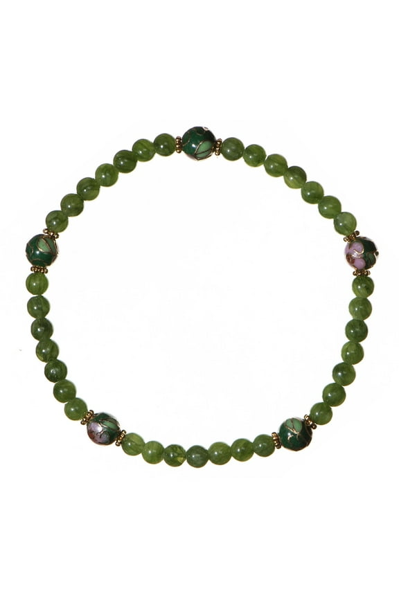 4mm Round Dyed Nephrite Jade Stretch Bracelet with Green Cloisonne Floral and 14k Gold-plated Sterling Silver Accents, 7" for Men and Women, Trending Stackable Jewelry