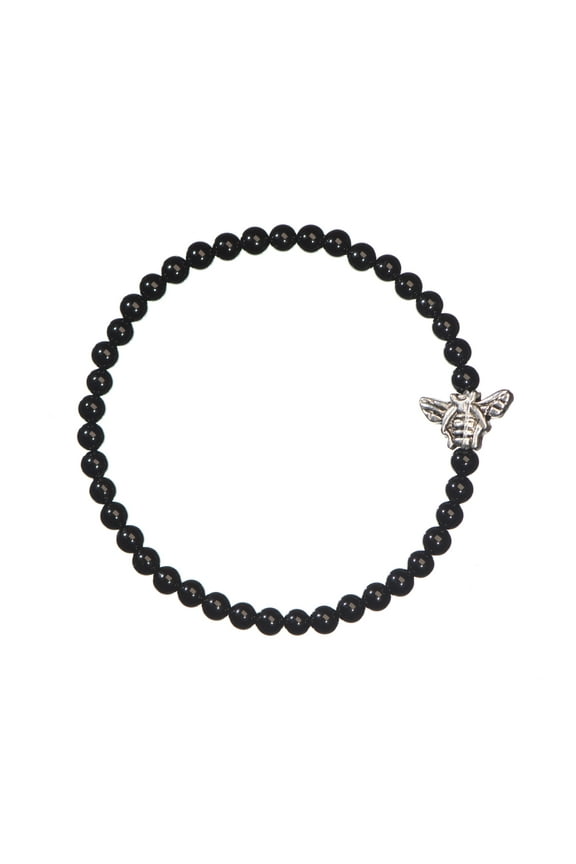 Shiny Round Black Onyx Stretch Bracelet with Silver Bumblebee Centerpiece, 7.5", for Adults