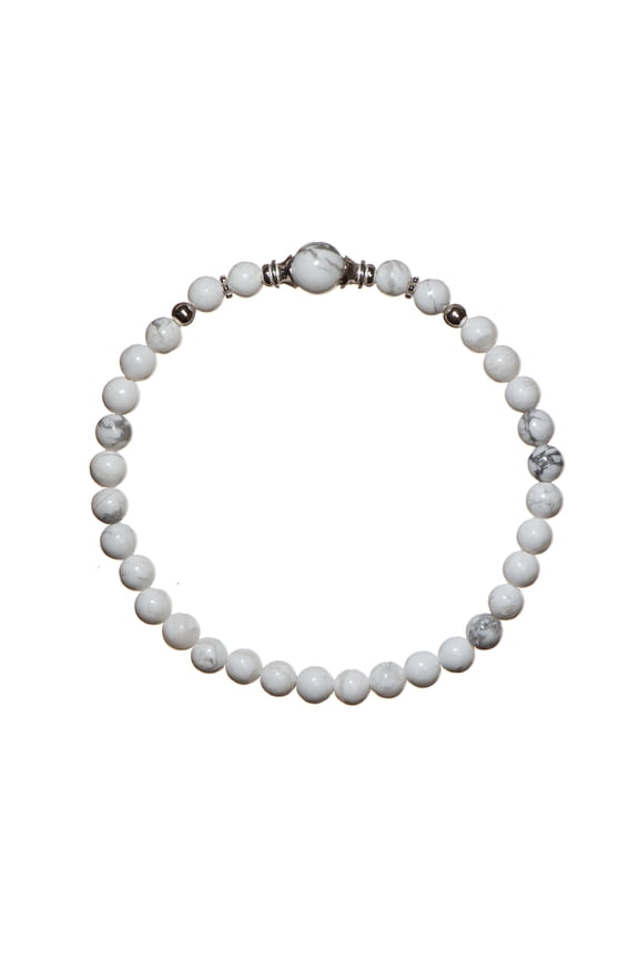 4mm Shiny Round White Howlite Stretch Bracelet with Sterling Silver Accents, 8" for Adults