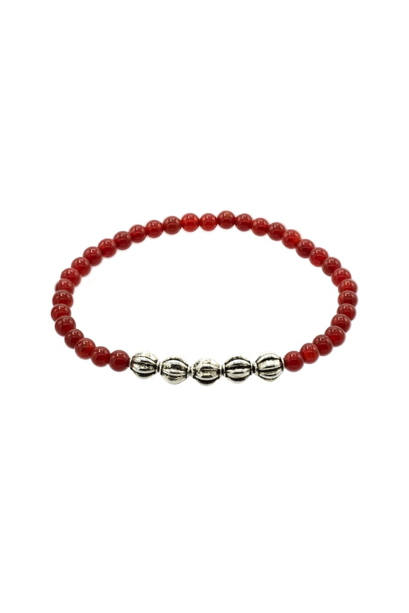 Round Red Agate Stretch Bracelet with Corrugated Silver Beaded Centerpiece, for Adults