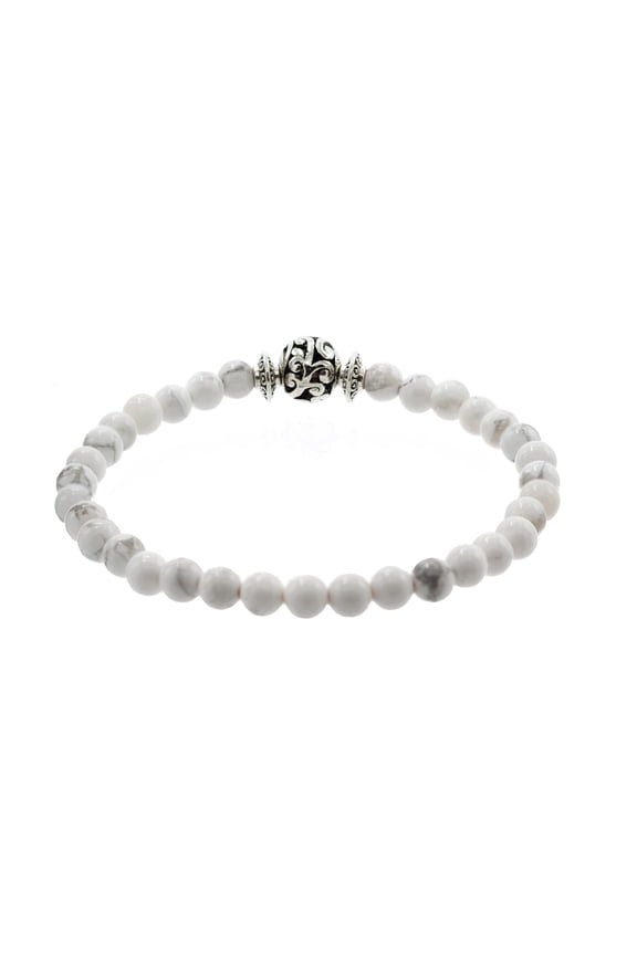 4mm White Howlite Stretch Bracelet with Silver-tone Centerpiece Accent, 6.5", for Adults