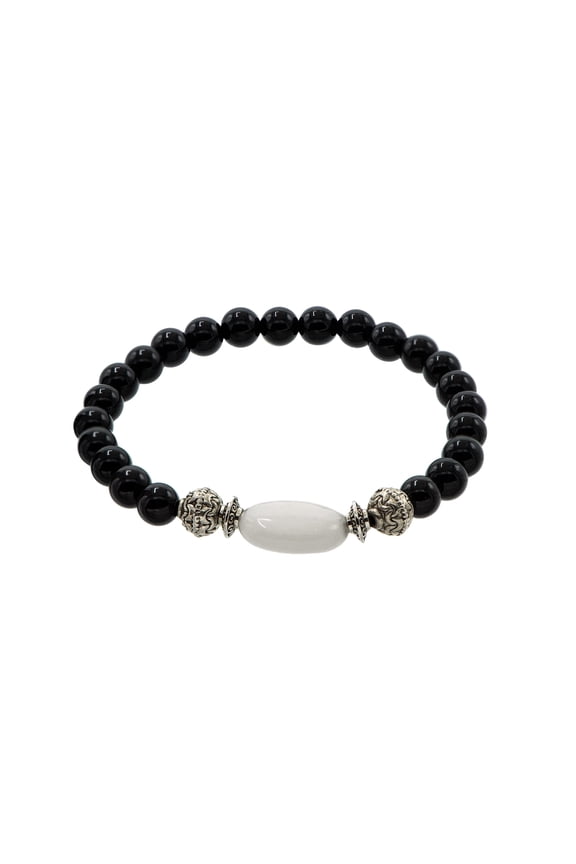 6mm Black Onyx Stretch Bracelet with a Oval White Agate Centerpiece, 7", for Adults