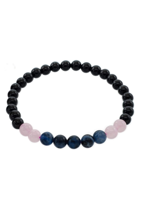 6mm Black Tourmaline Metaphysical Healing Yoga Stretch Bracelet Accented with Sodalite and Rose Quartz for of Calmness, Love and Protection, 7.5" for Men, Women, and Friends
