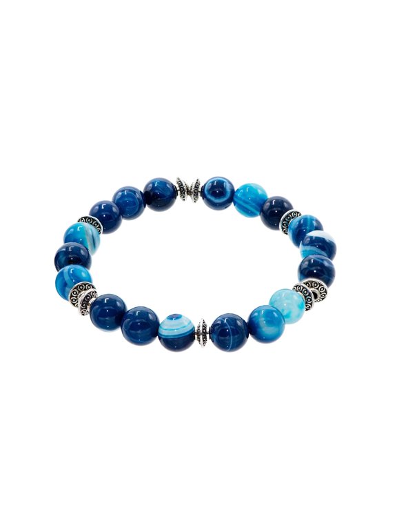 Dyed Blue-Colored Agate Bracelet with Silver-Toned Spacer Accents, 7", for Adults