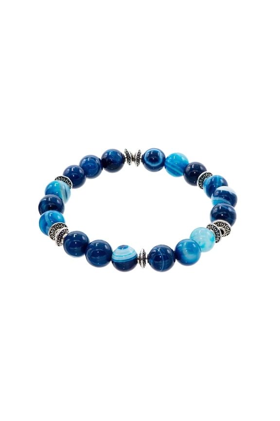 Dyed Blue-Colored Agate Bracelet with Silver-Toned Spacer Accents, 7", for Adults