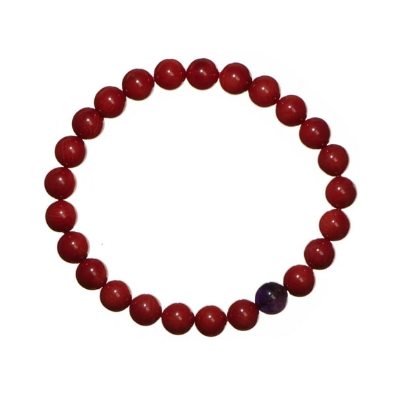 LTC Designs 8mm Shiny Round Dyed-Red Sea Bamboo Coral Stretch Bracelet with a Black Onyx Centerpiece, 8" for Men and Women, Trending Crystal Stacking Stretch Bracelets