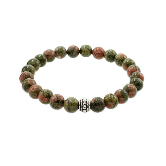 LTC Designs 8mm Unakite Jasper Stretch Bracelet with Silver-plated Accent Bead for Men and Women, 7.5"