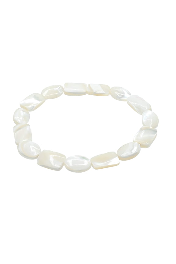Alternating Oval and Rectangular-shaped White Shell Stretch Bracelet, 7", for Adults