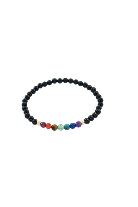 Chakra Stretch Bracelet with Smooth 4mm Black Onyx Beads, 7.5" for Unisex Adults