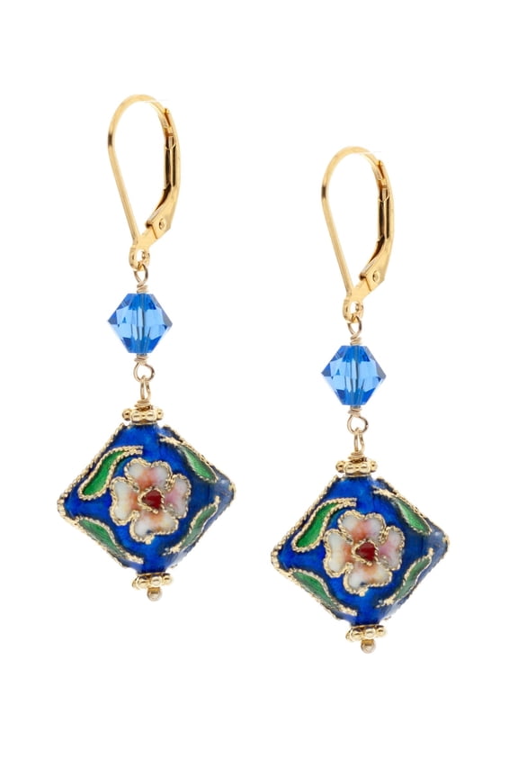 Cloisonné Enameled Drop 14k Gold-filled Leverback Earrings Accented with Austrian Crystal Beads for Women, and Friends, Easy to Wear with a Touch of Sparkle