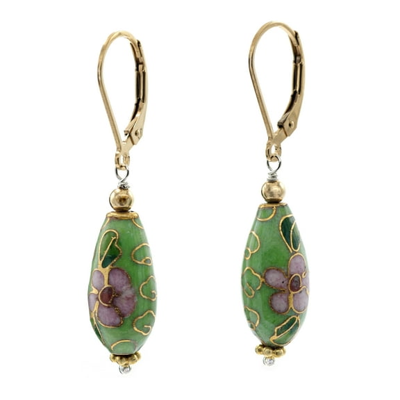 LTC Designs Dainty Avocado-Green Cloisonné Enameled Floral Teardrop Earrings, 14K Gold-Filled Leverback