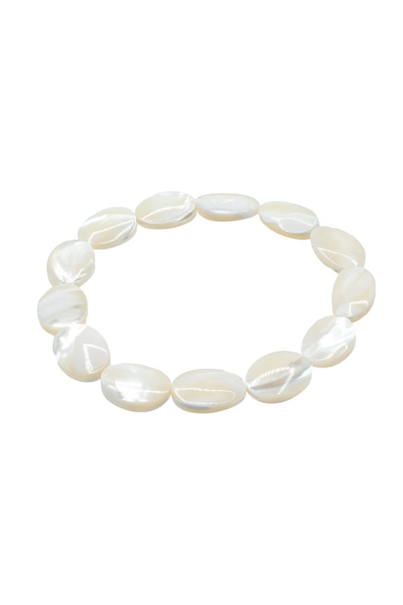 Flat Oval-shaped White Shell Stretch Bracelet, 7" for Unisex Adults