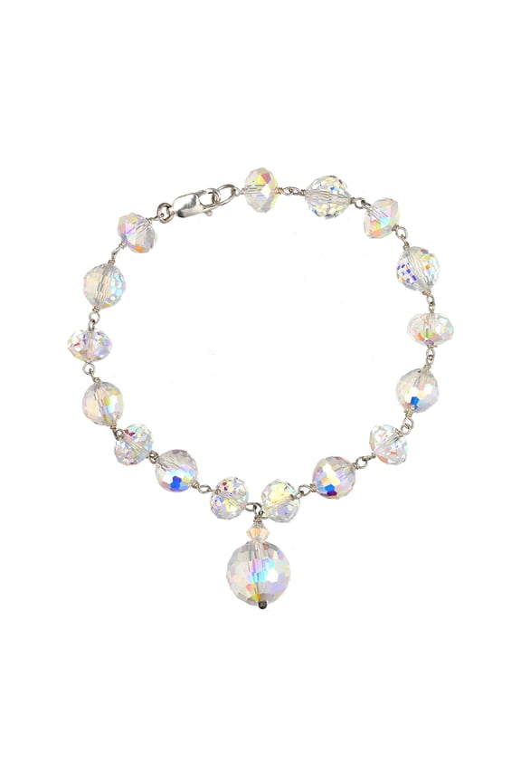 LTC Designs Hand Linked Aurora Borealis Bracelet With Ball Drop and Sterling Silver Clasp, 7.5" For Women, and Friends, Statement Bracelet.