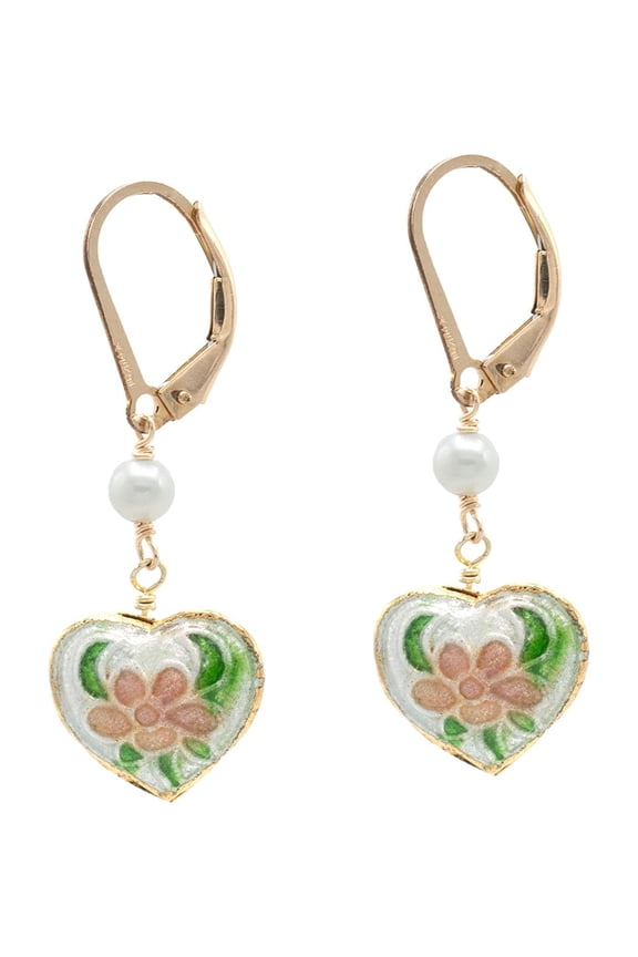 Heart-Shaped Floral Cloisonné Earrings White Cultured Freshwater Pearls for Adults