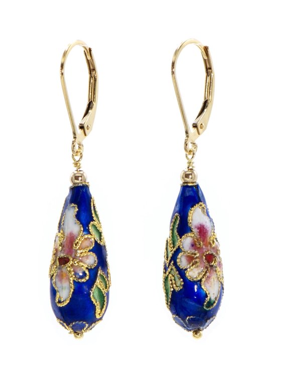 Navy Blue Floral Cloisonné Enameled Earrings for Adults