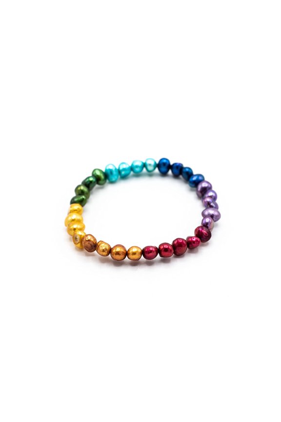 Rainbow Baroque Chakra Dyed Freshwater Potato-Shaped Pearl Stretch Bracelet, 7.5", for Adults