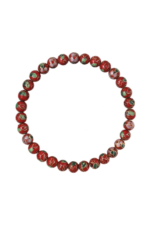 Red Cloisonn Floral Pattern 6mm Bead Bracelet for Adults