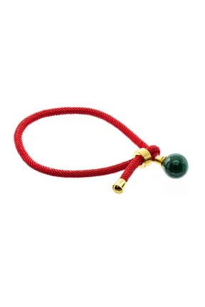 Red Rope Adjustable Bracelet with Genuine Malachite Round Bead, 7.5" max length for Unisex Adults