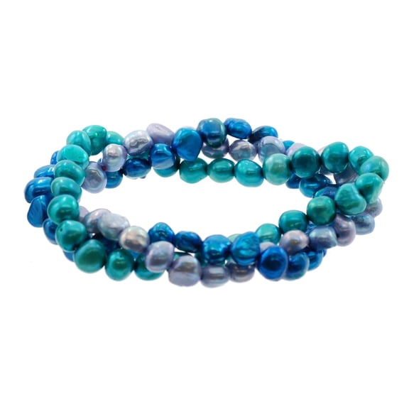 LTC Designs Set of 3 Dyed Genuine Baroque Cultured Freshwater 6.0-7.0mm Pearl Stretch Bracelets in Sea-blue Aqua Themed Colors for Women, Men, and Young Adults, June Birthstone