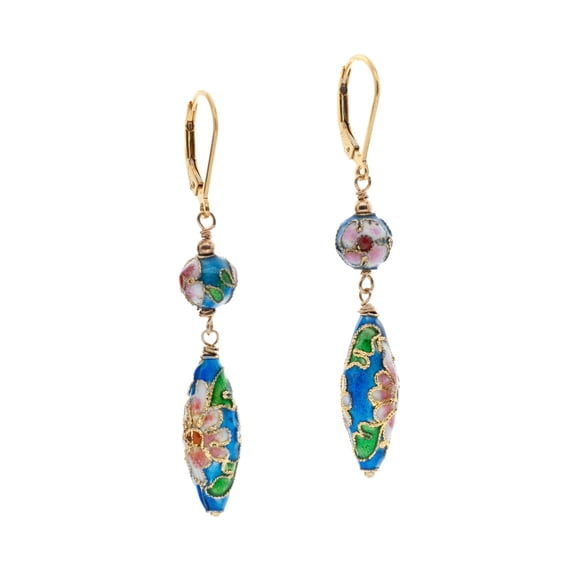 LTC Designs Slender Cloisonn Enameled Floral Drop 14k Gold-filled Leverback Earrings