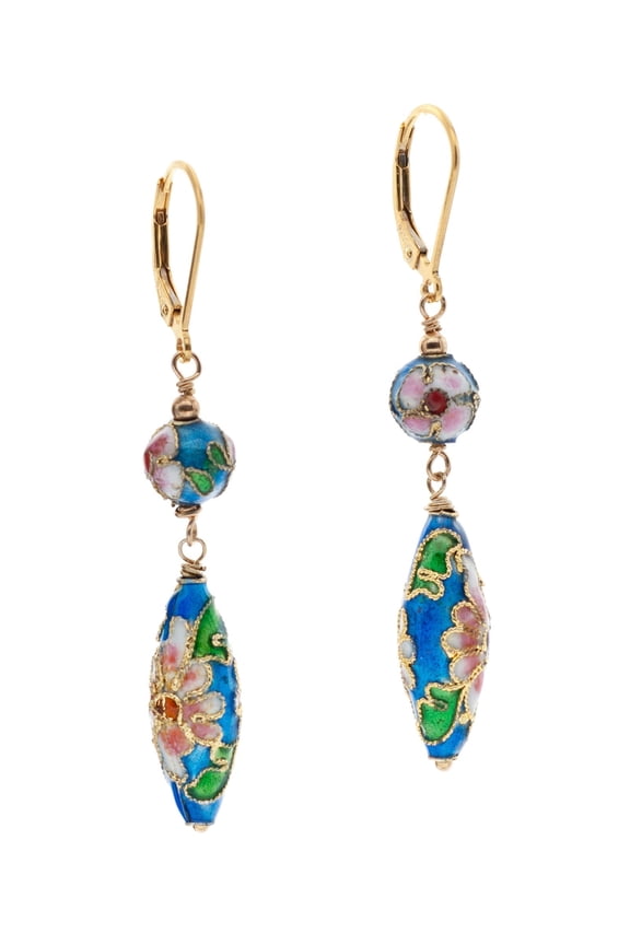 Slender Cloisonné Enameled Floral Drop 14k Gold-filled Leverback Earrings