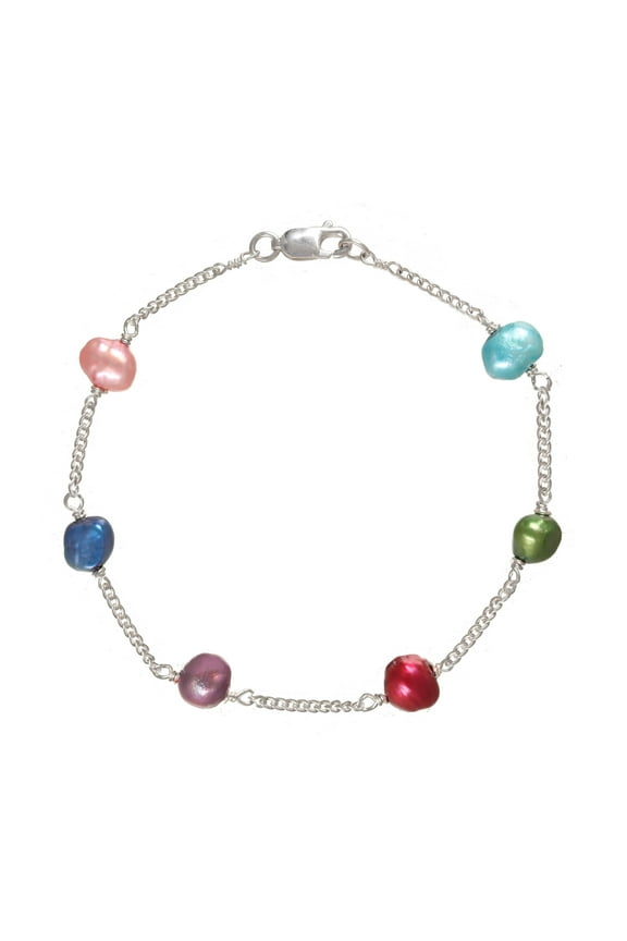 Sterling Silver Chain Bracelet with Multi-colored Dyed (5.5-6mm) Baroque Cultured Freshwater Pearl Tin-cup Style, 7" for Men and Women, Trending Stacking Style Bracelet