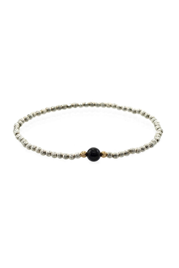 Sterling Silver Elastic Bracelets with 6mm Black Onyx Centerpiece, 7.5", for Adults