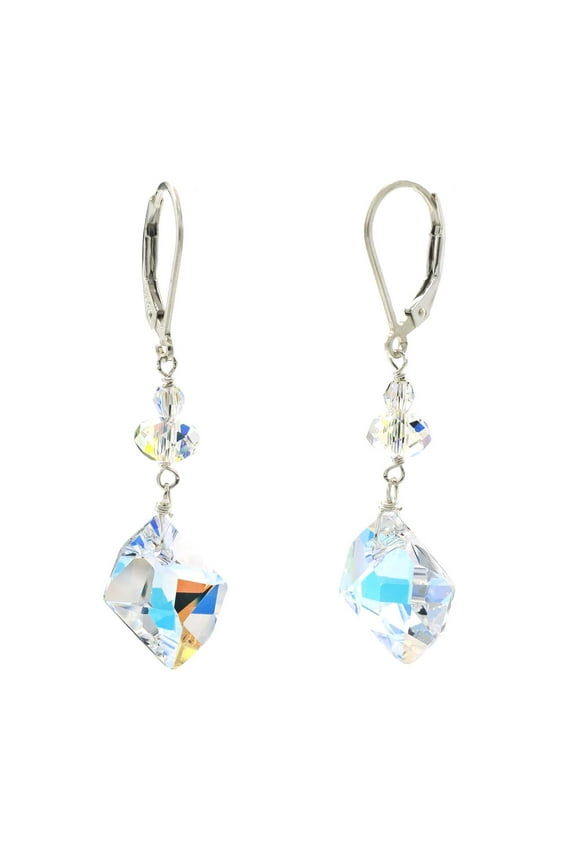Sterling Silver Leverback Earrings made with Austrian Crystal Aurora Borealis Drops for Women, Men, and Friends