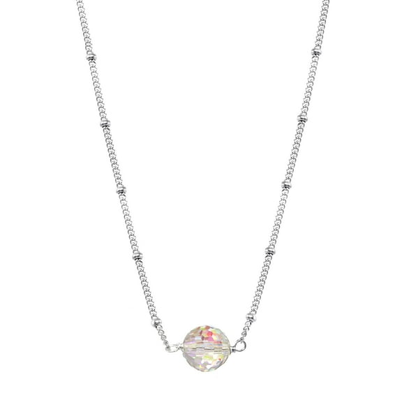LTC Designs Sterling Silver Skip Beaded Curb Chain Necklace Accented with Austrian Crystal Aurora Borealis Centerpiece, 18"