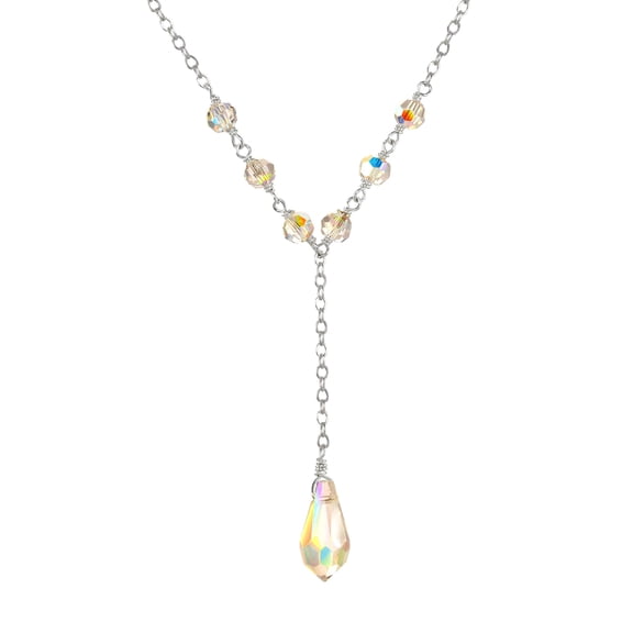 LTC Designs Sterling Silver Y Necklace Made with Faceted Round and Teardrop Austrian Aurora Borealis Beads for Women, Young Adults, Weddings and Special Occasions