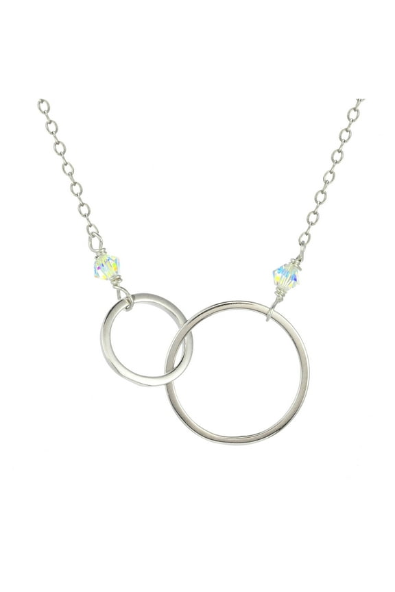 Sterling Silver with Two Circles Pendant Necklace, Aurora Borealis Bead, 16" + 1" Extender for Adults