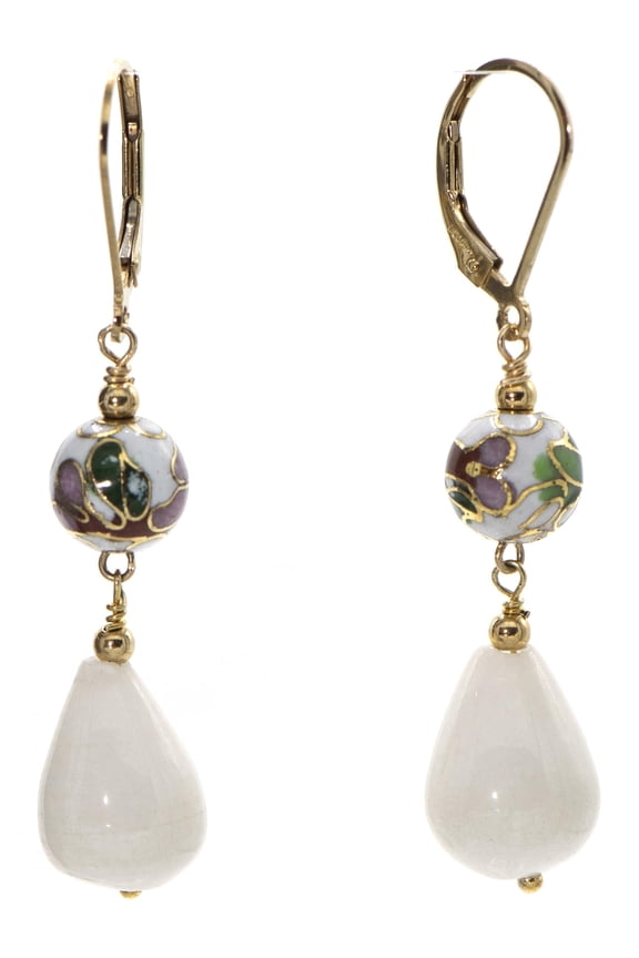 White Cloisonné and Agate Teardrop Earrings, 15 ct, Gold-Plated-Brass, for Adults