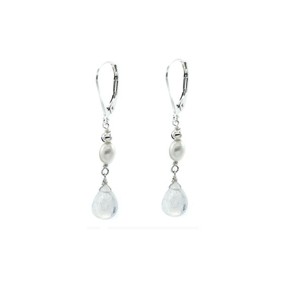 LTC Designs White Cultured Freshwater Rice-shaped (4x5mm) Pearl and Faceted Moonstone Teardrop Earrings with Sterling Silver Leverback Ear Wires made for Women, Men, and Friends