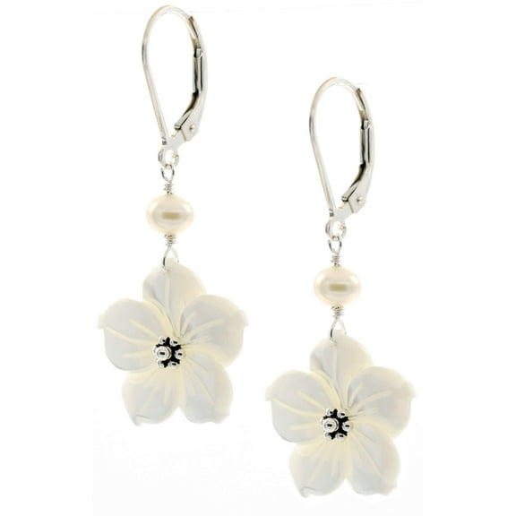 LTC Designs White Shell Flowers and White Freshwater Pearl Accent Drop Earrings with Sterling Ear Wires 3.5-4 mm for Women, Men and Friends