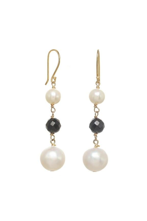 14k Gold-Filled Fishhook Earrings with Cultured Freshwater Pearls and Onyx for Adults