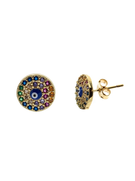 Evil Eye Stud Earrings with Chakra Colored CZ, for Adults