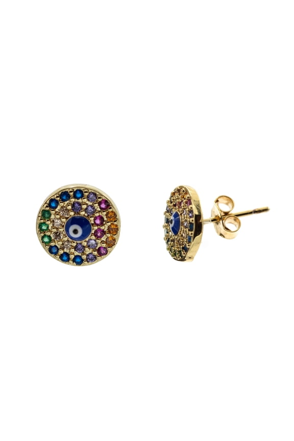 Evil Eye Stud Earrings with Chakra Colored CZ, for Adults