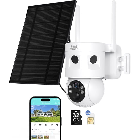LTE Cellular Security Camera,2K /360 Live Stream Camera & 24/7 Recording,with 180 PIR Intrusion Detection and 7.5W Solar Panel by App Control,Inculdes 32G SD&SIM Card.
