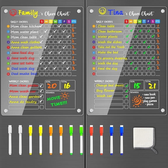 LTECARP 2 Pack 12"x 9.5" Acrylic Magnetic Chore Chart for Kids & Adults on Fridge, Erasable Chore & Reward Board for Kids & Teens - Includes 8 Markers & 1 Towel, Transparent Erasable Checklist, Clear