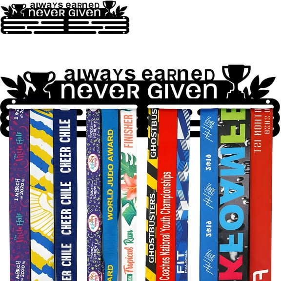 LTECARP Personalized Medal Holder Display Hanger - 'Always Earned,Never Given' - Sturdy Black Steel Metal Medal Holder for Athletes, Holds Over 60 Medals, Easy to Install